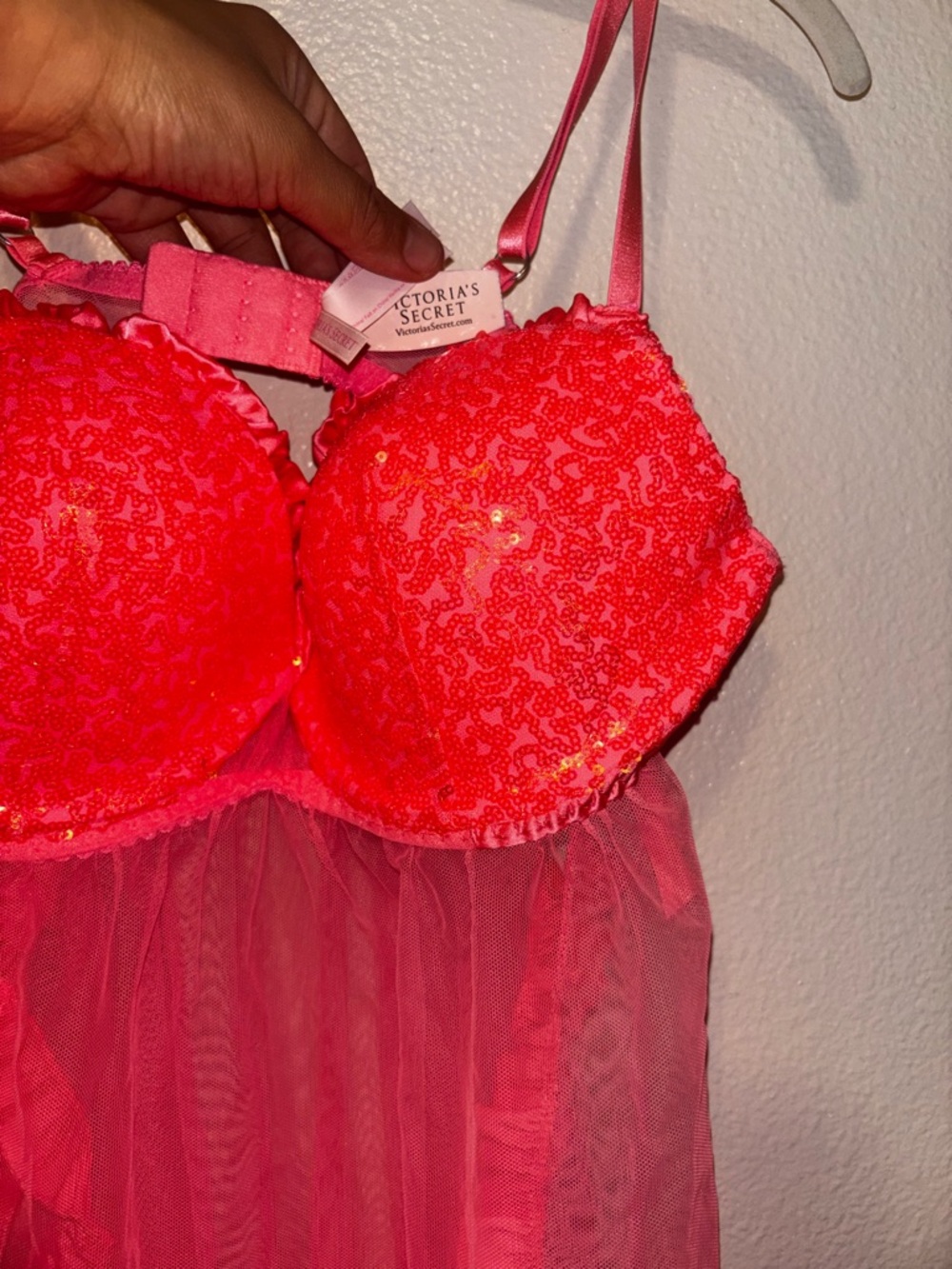 Victoria’s Secret Push Up Sheer Babydoll Lingerie Neon Coral Pink Sequin 36D NWT - Picture 5 of 5
